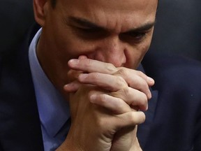 FILE - In this Wednesday, Feb. 13, 2019 file photo, Spain's Prime Minister Pedro Sanchez at the Spanish parliament in Madrid. Sanchez is under pressure to call an early election with an announcement expected Friday Feb. 15, 2019, putting Spain on the path to its third general election in less than four years.