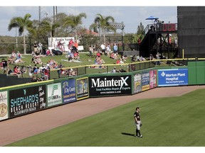 The pitch clock runs during a spring training baseball game between the Philadelphia Phillies and Pittsburgh Pirates, Saturday, Feb. 23, 2019, in Clearwater, Fla.