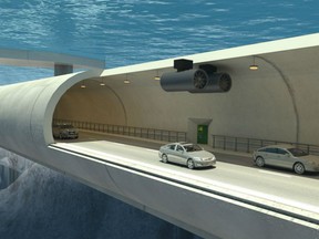 An NPRA illustration shows the inside of a potential submerged floating tunnel that would be used to cross a fjord in Norway.