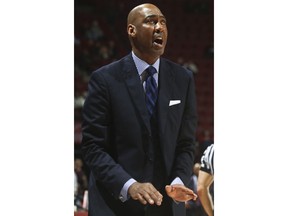 Wake Forest coach Danny Manning looks up during the first half of the team's NCAA college basketball game against Florida State in Tallahassee, Fla., Wednesday, Feb. 13, 2019.