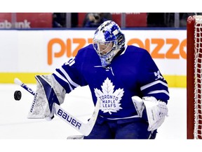 Toronto Maple Leafs goaltender Frederik Andersen (31) stops a shot during third period NHL hockey action against the Ottawa Senators, in Toronto on Wednesday, Feb.6, 2019.