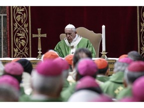 Pope Francis celebrates Mass at the Vatican, Sunday, Feb. 24, 2019. Pope Francis celebrated a final Mass to conclude his extraordinary summit of Catholic leaders summoned to Rome for a tutorial on preventing clergy sexual abuse and protecting children from predator priests. The Mass was celebrated Sunday in the Sala Regia, one of the grand, frescoed reception rooms of the Apostolic Palace.