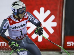 Norway's Henrik Kristoffersen gets to the finish area after completing the men's giant slalom, at the alpine ski World Championships in Are, Sweden, Friday, Feb. 15, 2019.