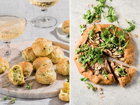 Gougères, left, and pear and blue cheese savoury galette from French Appetizers