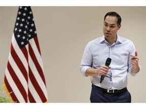 Julian Castro, former U.S. Secretary of Housing and Urban Development, and candidate for the 2020 Democratic presidential nomination, speaks during a town hall meeting at Grand View University, Thursday, Feb. 21, 2019, in Des Moines, Iowa.