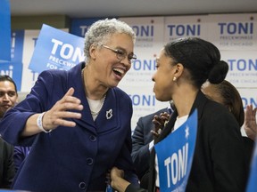 Chicago mayoral candidate Toni Preckwinkle greets supporters at her election night event in Chicago on Tuesday, Feb. 26, 2019. Cook County Board President Preckwinkle will face former federal prosecutor Lori Lightfoot in a runoff to become Chicago's next mayor. The race will guarantee the nation's third-largest city will be led the next four years by an African-American woman.
