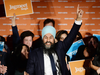 NDP leader Jagmeet Singh celebrates his Burnaby South byelection win as he arrives at his election night party in Burnaby, B.C., Feb. 25, 2019.