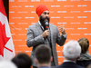 NDP Leader Jagmeet Singh speaks to party staff in December. “Once Jagmeet has a seat in the House, you put an end to some of the uncertainty the NDP is facing,” a former party official says.