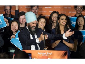 NDP leader Jagmeet Singh celebrates his Burnaby South byelection win in Burnaby, B.C., Monday, Feb. 25, 2019.