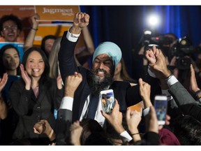 NDP leader Jagmeet Singh celebrates his Burnaby South byelection win in Burnaby, B.C., Monday, Feb. 25, 2019.