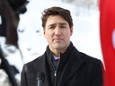 Prime Minister Justin Trudeau speaks to reporters during a visit to Sudbury, Ont. on Feb. 13, 2019.