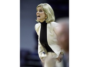 Baylor head coach Kim Mulkey yells to her team during the first half of an NCAA college basketball game against Kansas State in Manhattan, Kan., Wednesday, Feb. 13, 2019.