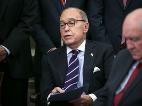 Larry Kudlow, director of the U.S. National Economic Council, center, speaks during a trade meeting with Liu He, China's vice premier and director of the central leading group of the Chinese Communist Party, not pictured, in the Oval Office of the White House in Washington, D.C., U.S., on Friday, Feb. 22, 2019.