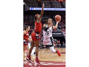 Louisville guard Asia Durr (25) attempts an off-balance shot over North Carolina State forward DD Rogers (21) during the second half of an NCAA college basketball game in Louisville, Ky., Thursday, Feb. 28, 2019. Louisville won 92-62