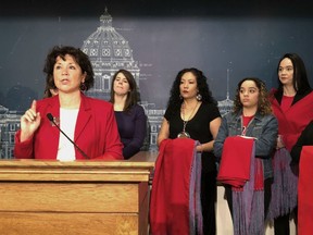 FILE - In this Jan. 29, 2019 file photo Minnesota State Rep, Mary Kunesh-Podein, D-New Brighton, speaks at a news conference at the state Capitol in St. Paul. Lawmakers in at least seven states have introduced legislation to address the unsolved deaths and disappearances of numerous Native American women and girls.