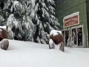 This Tuesday, Feb. 5, 2019 photo from video by Joel Keeler shows snow up to the window sills of the showed-in Montecito Sequoia Lodge in Kings Canyon National Park in California's Sierra Nevada. More than 120 visitors and staff who became snowbound in the Sierra Nevada resort for five days have been freed. The U.S. Forest Service says snow trapped the guests and staff at the lodge starting Sunday following a storm. They couldn't get out until Thursday night, Feb. 7, 2019.