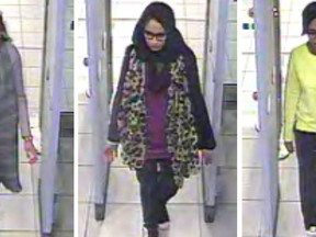 FILE - This Monday Feb. 23, 2015 file handout image of a three image combo of stills taken from CCTV issued by the Metropolitan Police shows Kadiza Sultana, left, Shamima Begum, center, and Amira Abase going through security at Gatwick airport, south England, before catching their flight to Turkey. Shamima Begum told The Times newspaper in a story published Thursday Feb. 14, 2019, that she wants to come back to London. (Metropolitan Police via AP)