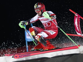 Austria's Marcel Hirscher competes during an alpine ski World Cup men's parallel slalom city event, in Hammarbybacken, Stockholm, Sweden, Tuesday, Feb. 19, 2019.