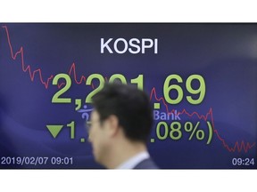 A currency trader walks by a screen showing the Korea Composite Stock Price Index (KOSPI) at the foreign exchange dealing room in Seoul, South Korea, Thursday, Feb. 7, 2019. Asian shares were mostly higher Thursday on news that the Reserve Bank of Australia may cut interest rates, driving hopes that other central banks could come to the same conclusion.