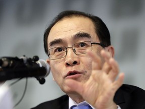 Thae Yong Ho, former North Korean diplomat, who defected to South Korea in 2016, speaks to the media in Seoul, South Korea, Tuesday, Feb. 19, 2019. Thae said North Korean leader Kim Jong Un has no intention of giving up his nuclear weapons and sees his upcoming second summit with U.S. President Donald Trump as a chance to cement his country's status as a nuclear weapons state.