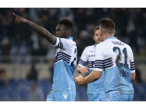 Lazio's Felipe Caicedo, left, celebrates with teammates after scoring the first goal of the game during the Italian Serie A soccer match between SS Lazio and Empoli FC at Olimpico stadium in Rome, Thursday, Feb. 7, 2019.