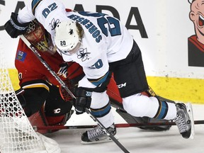 Calgary Flames goalie Mike Smith, left, takes a tripping penalty on San Jose Sharks' Marcus Sorensen during third period NHL action in Calgary on Thursday, Feb. 7, 2019.