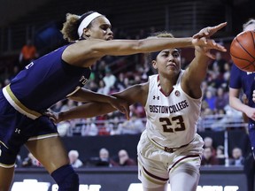 Notre Dame forward Brianna Turner, left, and Boston College guard Milan Bolden-Morris (23) reach for a loose ball during the first half of an NCAA college basketball game in Boston, Wednesday, Feb. 13, 2019.