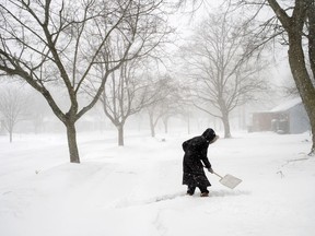 Abby Morin shovels a path as snow continues to fall on Friday, Feb. 8, 2019, in Grand Rapids, Mich. Morin said power was restored to her home the night before.