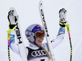 United States' Lindsey Vonn smiles in the finish area after the women's downhill race, at the alpine ski World Championships in Are, Sweden, Sunday, Feb. 10, 2019.