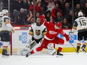 Detroit Red Wings center Michael Rasmussen (27) celebrates his goal against Vegas Golden Knights goaltender Marc-Andre Fleury (29) in the third period of an NHL hockey game Thursday, Feb. 7, 2019, in Detroit.