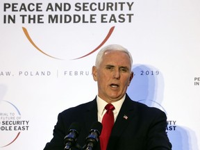 United States Vice President Mike Pence speaks at a conference on Peace and Security in the Middle East in Warsaw, Poland, Thursday, Feb. 14, 2019. The Polish capital is host for a two-day international conference, co-organized by Poland and the United States.