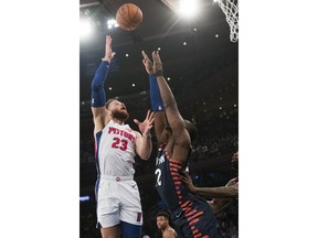 Detroit Pistons forward Blake Griffin (23) goes to the basket against New York Knicks forward Noah Vonleh (32) during the first half of an NBA basketball game, Tuesday, Feb. 5, 2019, at Madison Square Garden in New York.