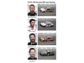 In these photos taken in February 2019, qualifying drivers and their cars in the starting field for Sunday's NASCAR Daytona 500 auto race are shown at Daytona International Speedway in Daytona Beach, Fla. They are, from top, Row 5, Matt DiBenedetto, Denny Hamlin, Row 6, Martin Truex Jr. and Kurt Busch. (AP Photo)