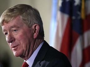 Former Massachusetts Gov. William Weld addresses a gathering during a New England Council 'Politics & Eggs' breakfast in Bedford, N.H., Friday, Feb. 15, 2019. Weld announced he's creating a presidential exploratory committee for a run in the 2020 election.