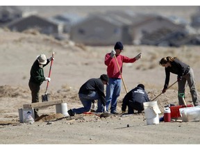 FILE - In this Feb. 13, 2009 file photo, crime scene investigators search for human remains in a large expanse of desert in Albuquerque, N.M. A decade ago, Albuquerque police began unearthing the remains of 11 women and an unborn child found buried on the city's West Mesa, marking the start of a massive homicide investigation that has yet to be resolved. On the 10th anniversary of the cold case, a small group of advocates and community members plan to gather Saturday, Feb. 2, 2019, near the 2009 crime scene to remember the victims and call for more protections for marginalized and vulnerable women in New Mexico's largest city.