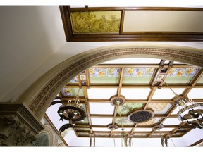 A photograph is shown, top, of an original piece of artwork inside the legislative chamber at Queen's Park in Toronto on Friday, February 1, 2019. The artwork was found this year during repairs and was painted in 1893 and has been covered up since 1912.