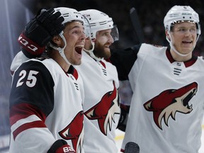 Arizona Coyotes center Nick Cousins (25) celebrates after scoring against the Vegas Golden Knights during the third period of an NHL hockey game Tuesday, Feb. 12, 2019, in Las Vegas.