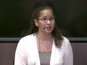 This image taken from video from Center for Advanced Study in the Behavioral Sciences at Stanford University, shows Vanessa Tyson speaking at a Stanford University symposium on Tuesday, Feb. 12, 2019 in Stanford, Calif. Tyson, appearing as one of two panelists at the event called "Betrayal and Courage in the Age of #MeToo," was making her first public appearance since she accused Virginia Lt. Gov. Justin Fairfax of assaulting her in 2004. Tyson is a political science professor at Southern California's Scripps College who is spending a year at Stanford as a research fellow. (CASBS/Stanford University via AP)
