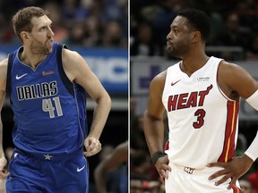 FILE - At left, in a Feb. 6, 2019, file photo, Dallas Mavericks forward Dirk Nowitzki (41) runs up court during an NBA basketball game against the Charlotte Hornets, in Dallas. At right, in a Nov. 23, 2018, file photo, Miami Heat guard Dwyane Wade looks around during the first half of an NBA basketball game against the Chicago Bulls, in Chicago. Miami's Dwyane Wade and Dallas' Dirk Nowitzki accepted honorary All-Star roles to help the NBA celebrate two long and decorated careers. It should also be a chance for the two-time Finals foes to go out on amicable terms after a shared history that Nowitzki acknowledged was "frosty" at times. (AP Photo/File)