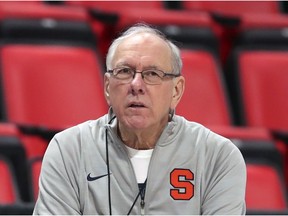 FILE - In this March 15, 2018, file photo, Syracuse head coach Jim Boeheim watches during a practice for an NCAA men's college basketball tournament first-round game, in Detroit. Police say Syracuse men's basketball coach Jim Boeheim struck and killed a 51-year-old man walking outside his vehicle on a highway near Syracuse, N.Y., Wednesday, Feb. 20, 2019.