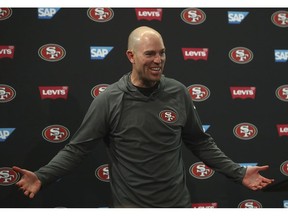 FILE - In this Dec. 16, 2018, file photo, San Francisco 49ers kicker Robbie Gould speaks at a news conference after an NFL football game against the Seattle Seahawks, in Santa Clara, Calif. The San Francisco 49ers have placed the franchise tag on kicker Robbie Gould. The Niners made the move Tuesday, Feb. 26, 2019, to keep Gould in 2019 for a price tag of about $5 million.