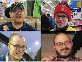 This combination of images shows Walmart greeters, clockwise from top left, John Combs in Vancouver, Wash., Ashley Powell in Galena, Ill., Mitchell Hartzell in Hazel Green, Ala., and Adam Catlin in Selinsgrove, Pa. Combs, Powell, Hartzell and Catlin are among disabled Walmart greeters threatened with job loss as Walmart transforms the greeter position into one that's more physically demanding. (Rachel Wasser/Tamara Ambrose/Gina Hopkins/Holly Catlin via AP)