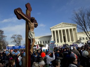 FILE - In this Friday, Jan. 18, 2019 file photo, anti-abortion activists march outside the U.S. Supreme Court building, during the March for Life in Washington. Activists on both sides of the abortion debate react cautiously to a Thursday, Feb. 7, 2019 Supreme Court vote blocking Louisiana from enforcing new abortion regulations, agreeing that the crucial tests of the court's stance are still to come.