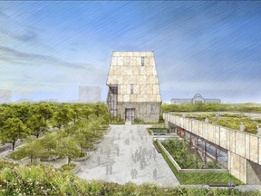 FILE - This illustration released on May 3, 2017 by the Obama Foundation shows plans for the proposed Obama Presidential Center with a museum, rear, in Jackson Park on Chicago's South Side. This view looks from the south with a public plaza that extends into the landscape. Odds still favor the eventual construction of Barack Obama's $500 million presidential museum and library in a park along Chicago's lakeshore. A judge hears arguments Thursday, Feb. 14, 2019, on a city motion to toss a parks-advocacy group's lawsuit that argues the project violates laws barring development in lakeside parks. (Obama Foundation via AP, File)