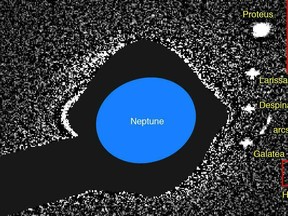 This annotated image made available by researcher Mark R. Showalter in February 2019 shows the planet Neptune and its moons, captured by the Hubble Space Telescope in 2004. The recently discovered moon, Hippocamp, is indicated by a red box and an enlarged version is inset at upper right.