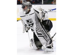 Los Angeles Kings goaltender Jonathan Quick (32) makes a save against the New York Islanders in the second period of an NHL hockey game Saturday, Feb. 2, 2019, in Uniondale, N.Y.