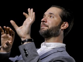 In this Tuesday Feb. 19, 2019, photo Alexis Ohanian, founder of the social media company Reddit, speaks during an interview in New York. Ohanian says he can't imagine how he and Serena Williams would have coped with a new baby if he had not been able to take leave from his job. Now the Reddit co-founder is rallying all men to join the battle cry for paid parental leave in the U.S., the only industrialized country that does not mandate it at the federal level.
