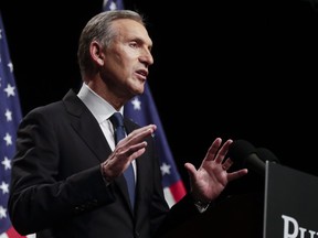 FILE - In this Feb. 7, 2019 file photo, former Starbucks CEO Howard Schultz speaks at Purdue University in West Lafayette, Ind. Schultz has acknowledged the manager of one of the company's shops in Philadelphia where two black men were arrested last year might not have called authorities if the two men had been white. The acknowledgement came Wednesday night, Feb. 13 at an event in the city where Schultz was confronted by the person who first shared the video of two black men getting arrested at the shop.