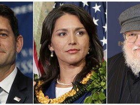 This combination photo shows former U.S. House Speaker Paul Ryan, from left, Rep. Tulsi Gabbard of Hawaii and "Game of Thrones" author George R. R. Martin, who will be featured on the upcoming season of the PBS series, "Finding Your Roots." (AP Photo)