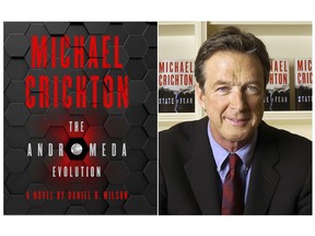 This combination of photos shows a cover image for the upcoming Harper release, "The Andromeda Evolution," by Michael Crichton and Daniel H. Wilson, left, and a portrait of the late Michael Crichton in New York on Nov. 4, 2008. Crichton's literary archive and production company has authorized a sequel to his breakthrough novel "The Andromeda Strain." HarperCollins Publishers announced Tuesday that "The Andromeda Evolution" will come out Nov. 12. (Harper via AP, left, AP File)